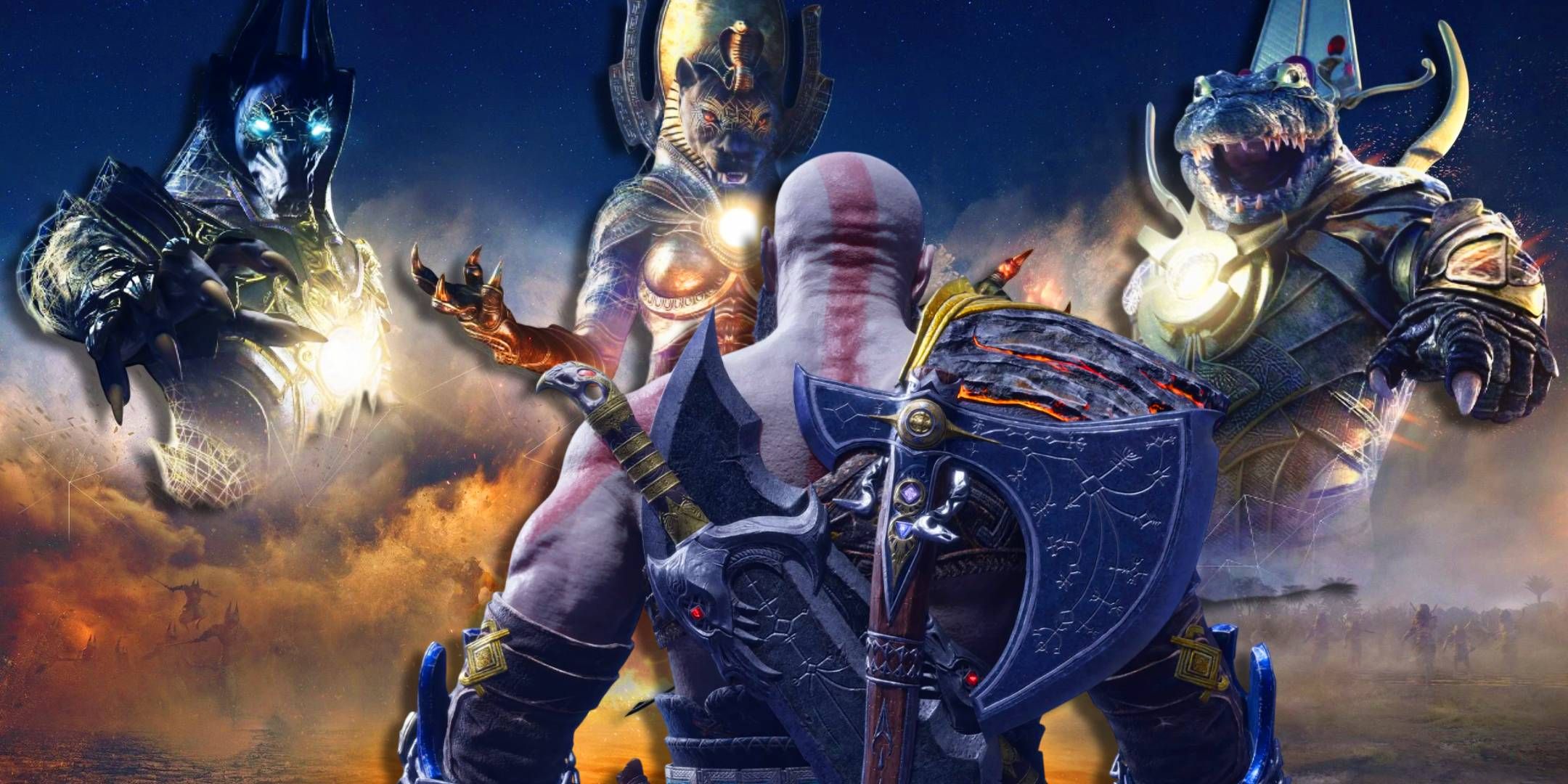Kratos with his back turned facing Egyptian Gods from Assassin's Creed Origins.