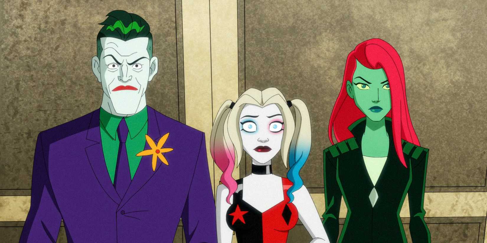 The Joker, Harley and Ivy looking puzzled in Quinn Season 5 Ep 5