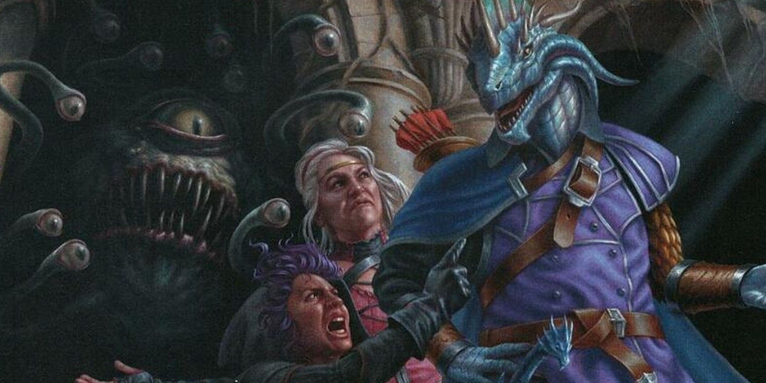 A dragonborn, human, and elf in front of a beholder.