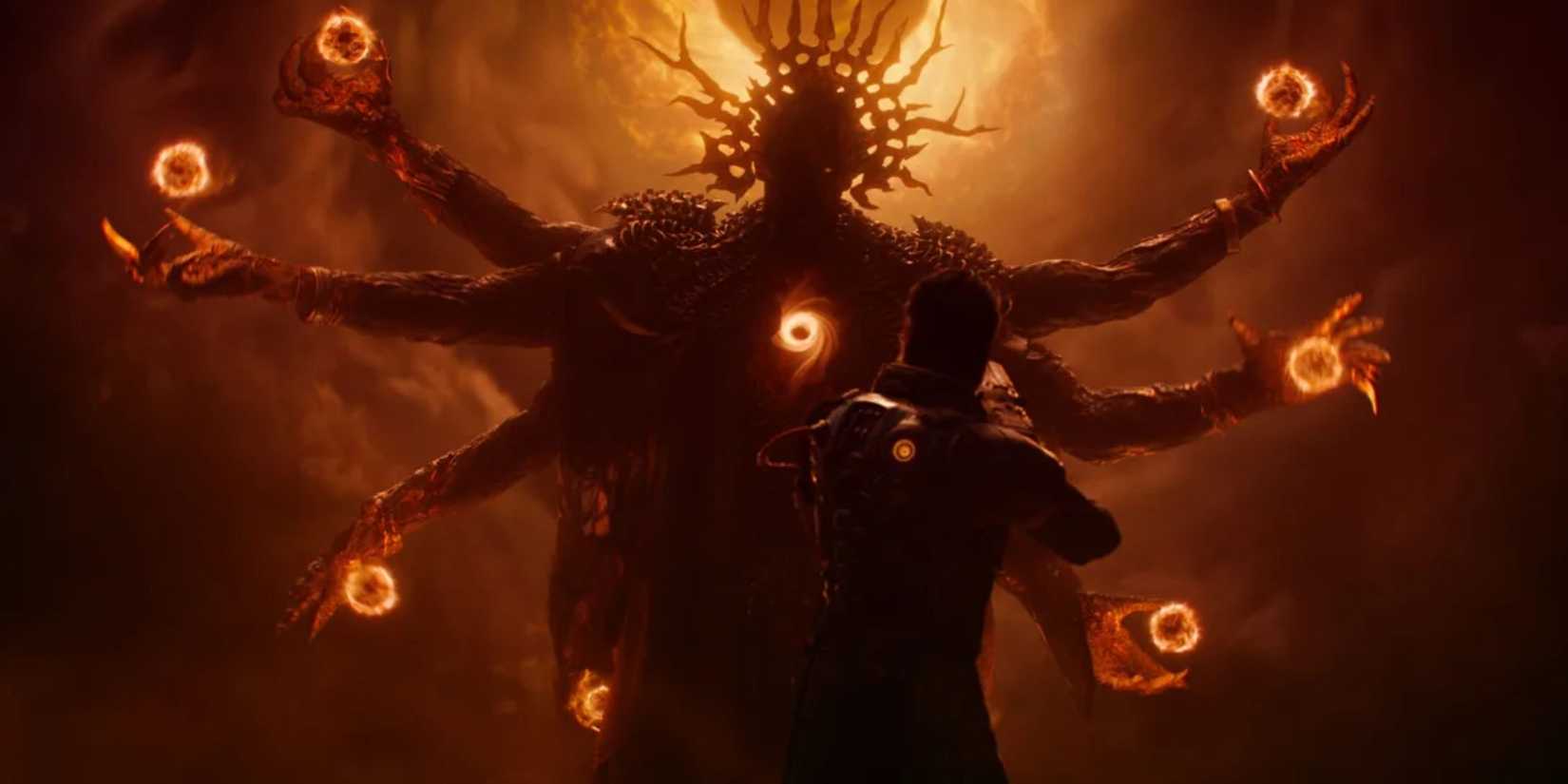 Image from trailer for SAROS with a monster with six hands and a crown of thorns
