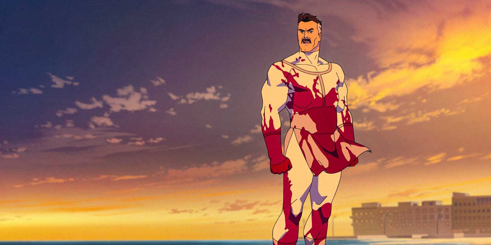 Omni-Man blood-splattered, suspended in the air in Invincible Season 3 Ep 2