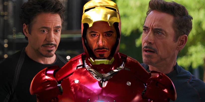 Split image with Robert Downey Jr as both Tony Stark and Iron Man in the MCU's Infinity Saga