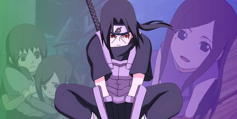 Itachi crouching while wearing his Anbu outfit. Behind him, moments with Izumi can be seen.