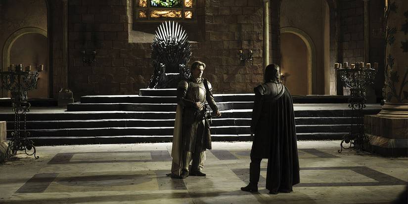 Jaime Lannister speaking to Ned Stark in the throne room in Game of Thrones season 1, episode 3