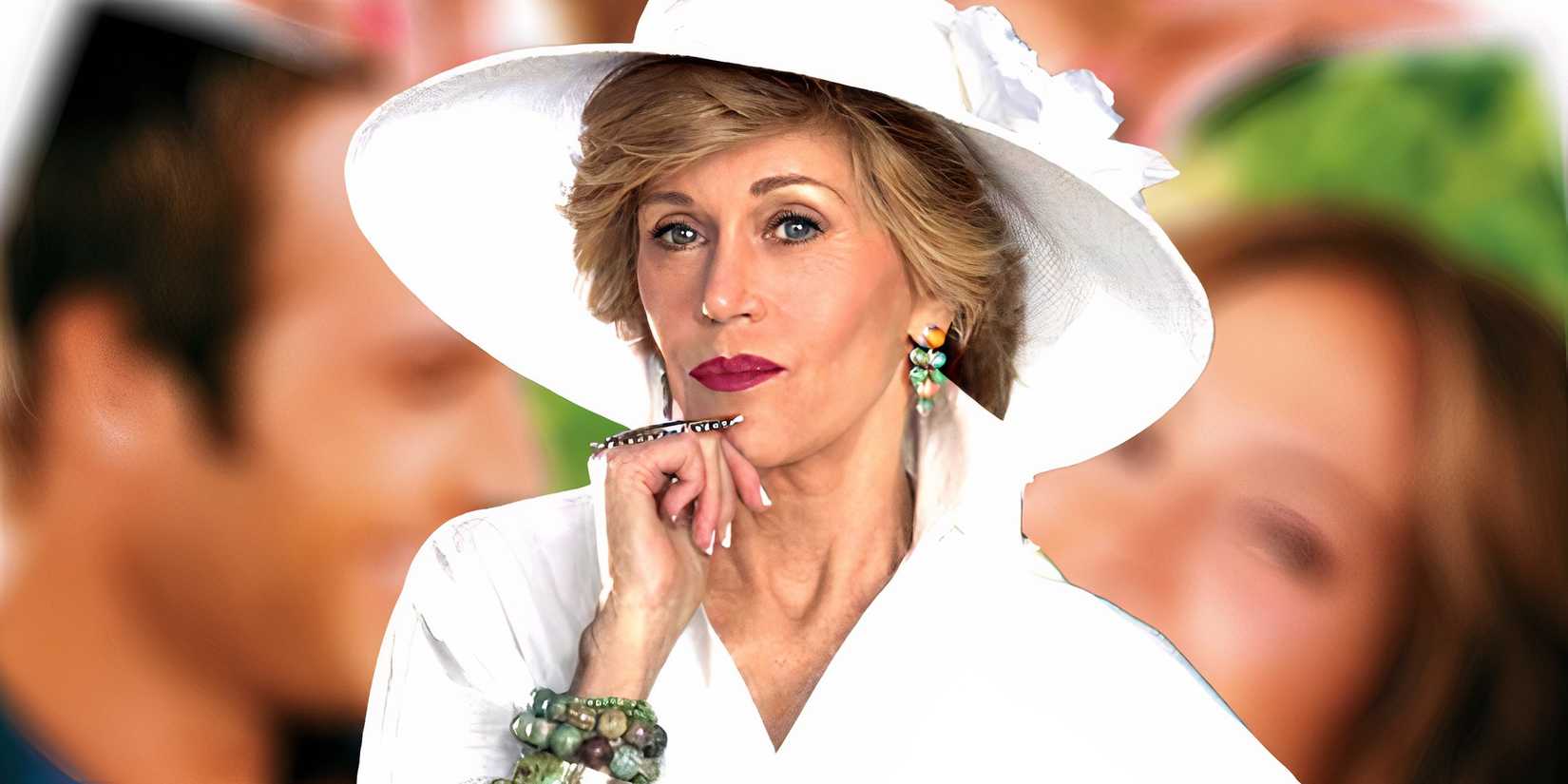 Jane Fonda as Viola making a pose against background of Monster-in-Law poster