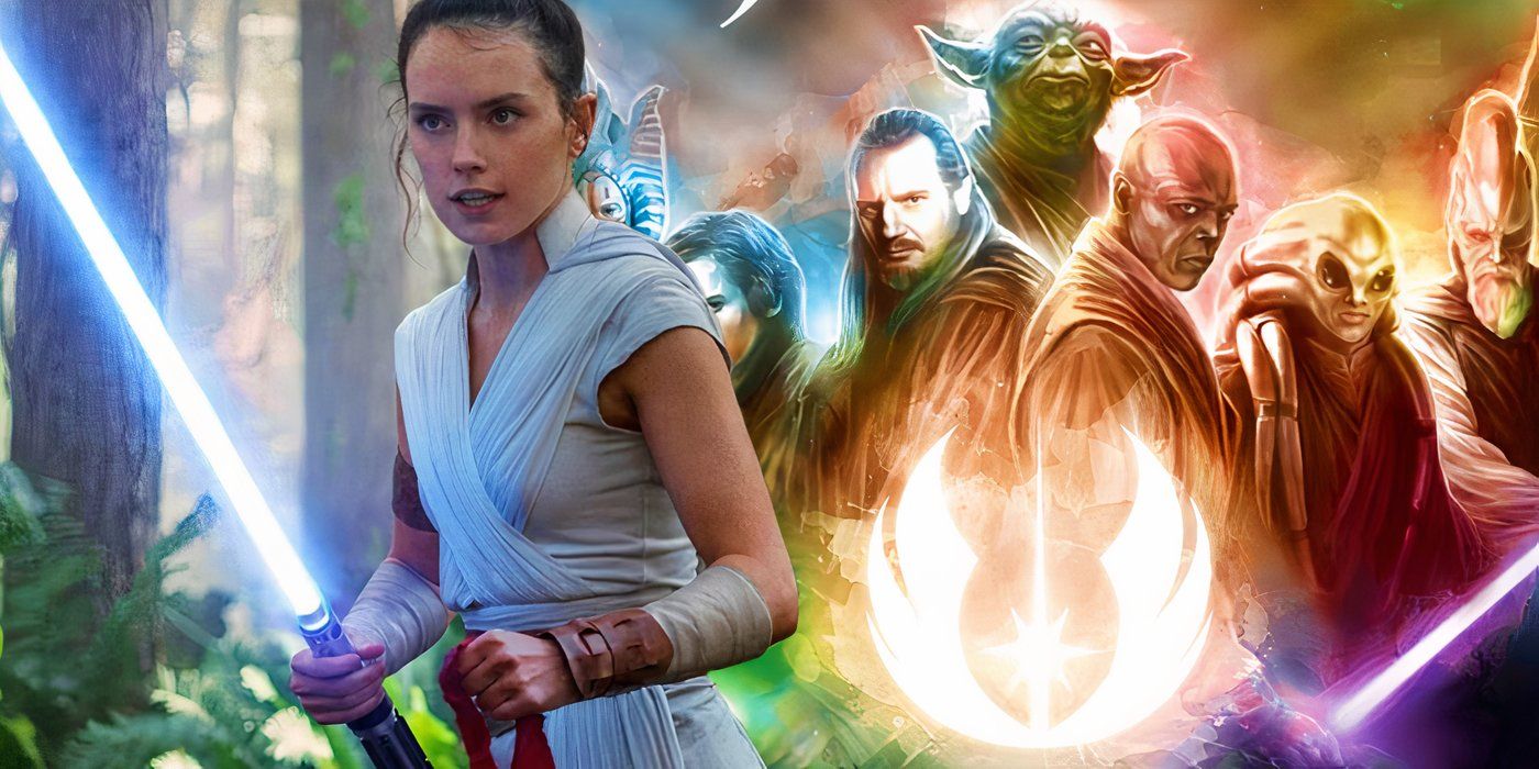 Рей Скайуокер с Советом джедаев на ее заднем плане в "Звездных войнах".