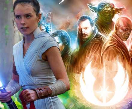 Рей Скайуокер с Советом джедаев на ее заднем плане в "Звездных войнах".