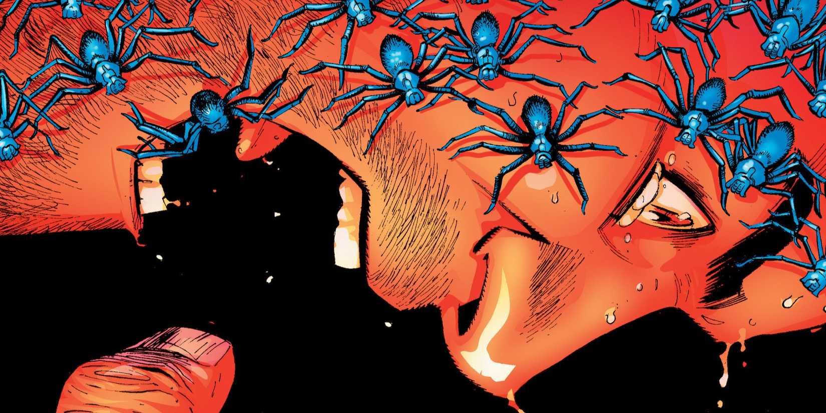 Kaine Parker screams while spiders crawl on his face.