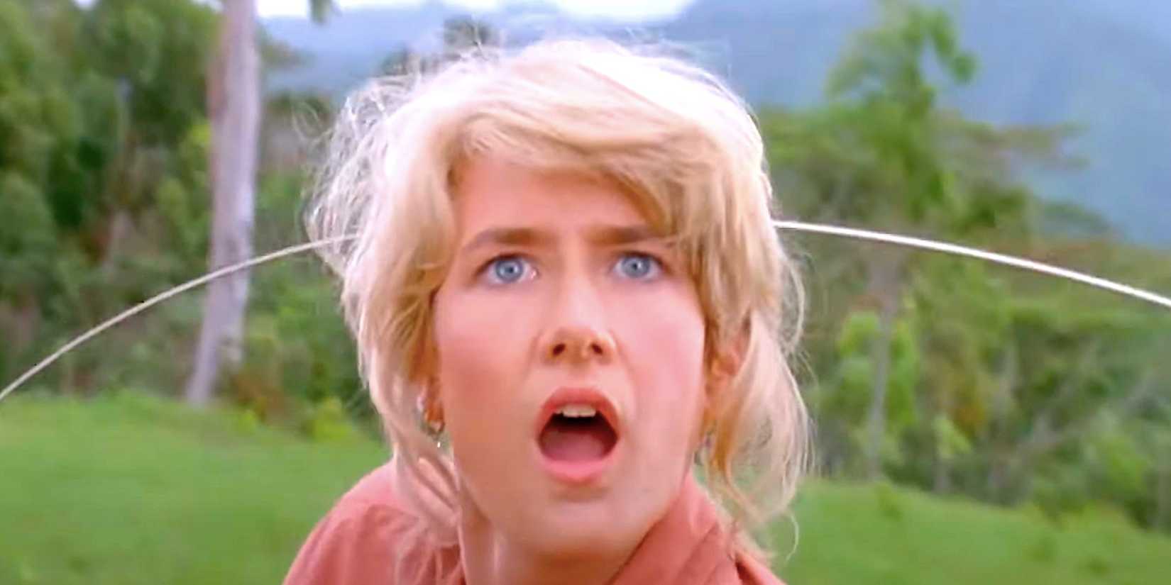 Laura Dern's Ellie Sattler stares in shock in Jurassic Park 1993