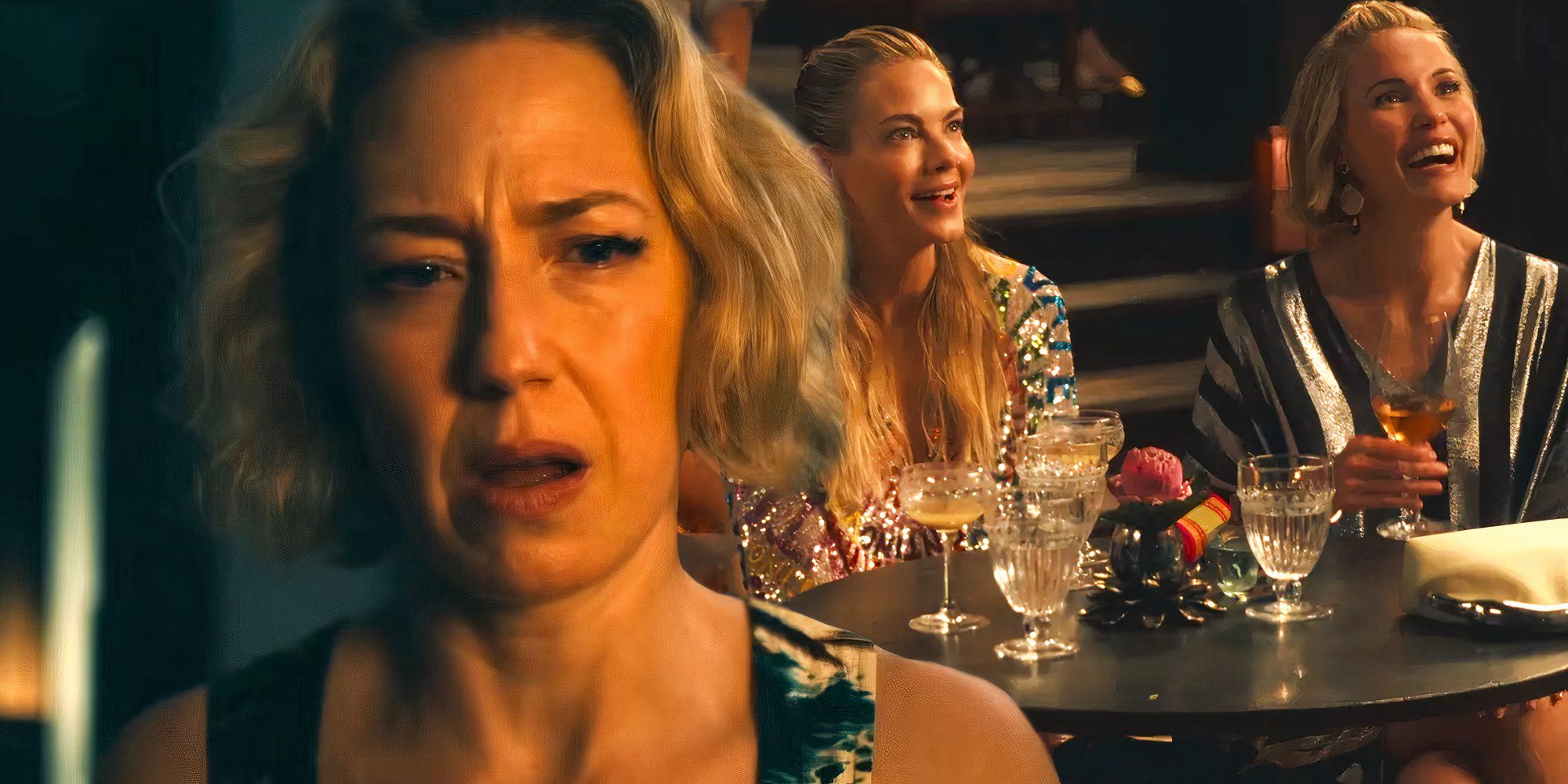 Лейри, выглядящая грустно рядом с Джекин и Кейт, улыбающимися в 3 сезоне "Белого лотоса" (2025)