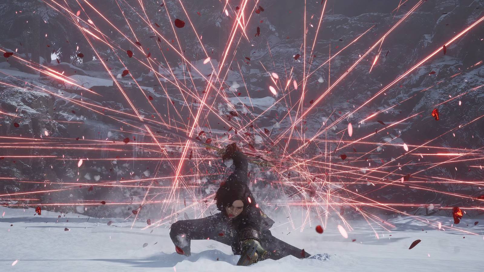 Pinocchio attacking an enemy with several red slashing attacks in the trailer for Lies of P's Overture DLC.