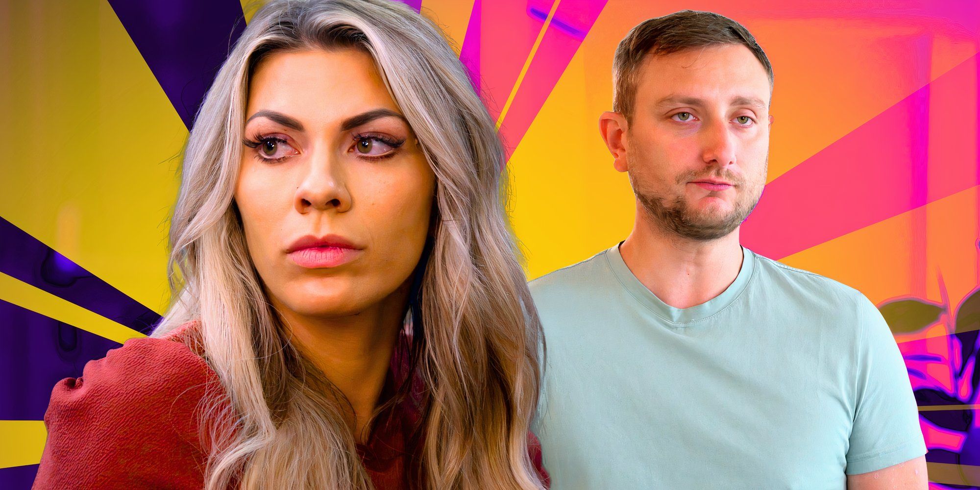 marred at first sight stars madison myers and allen slovick in montage with unhappy expressions and colorful background