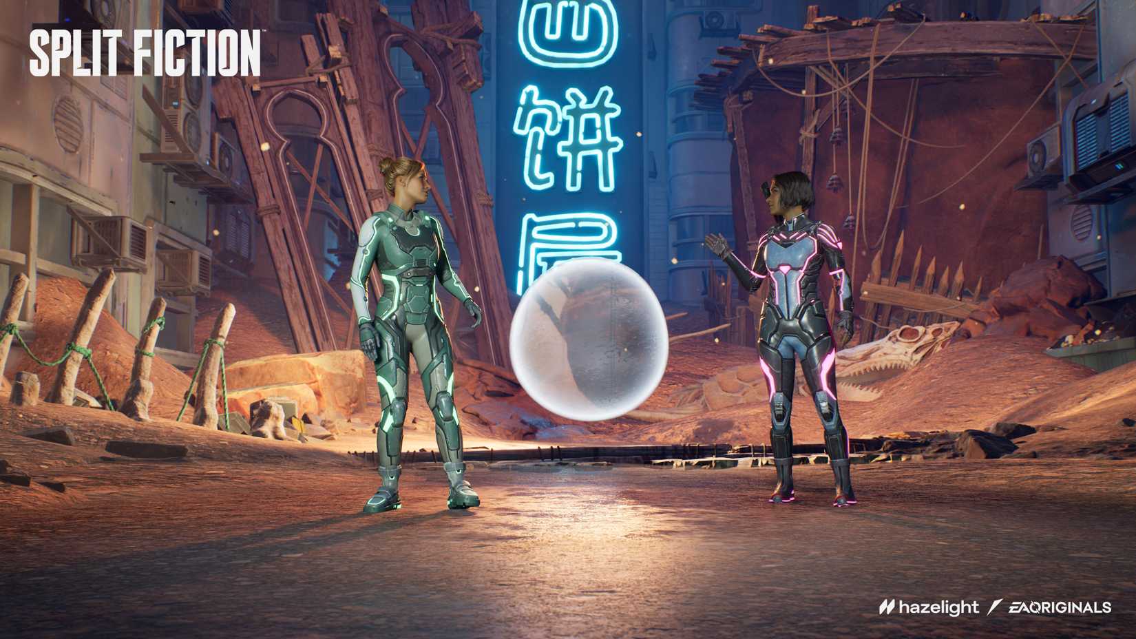 Mio and Zoe in a cutscene in Split Fiction around a glitch in the simulation