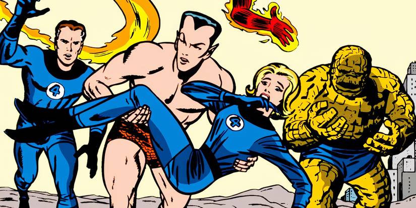 Namor carrying Sue Storm with the Fantastic Four in Marvel Comics