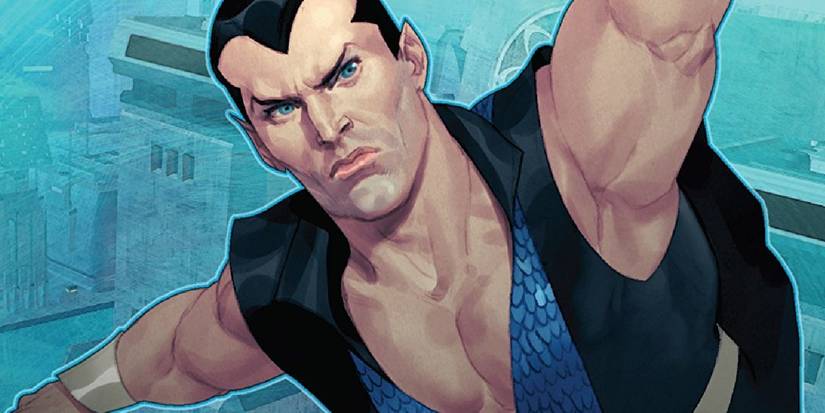 namor the sub-mariner looking to the side over a blue background.