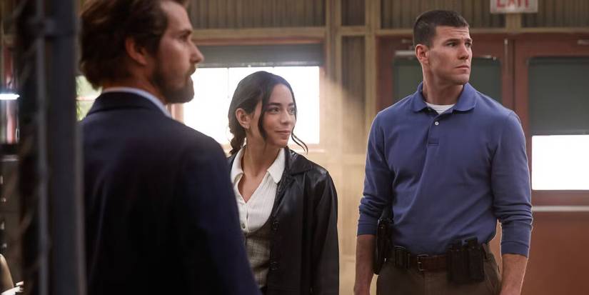 NCIS: Origins Episode 13 Detective Archer standing towards Lala and Gibbs at headquarters