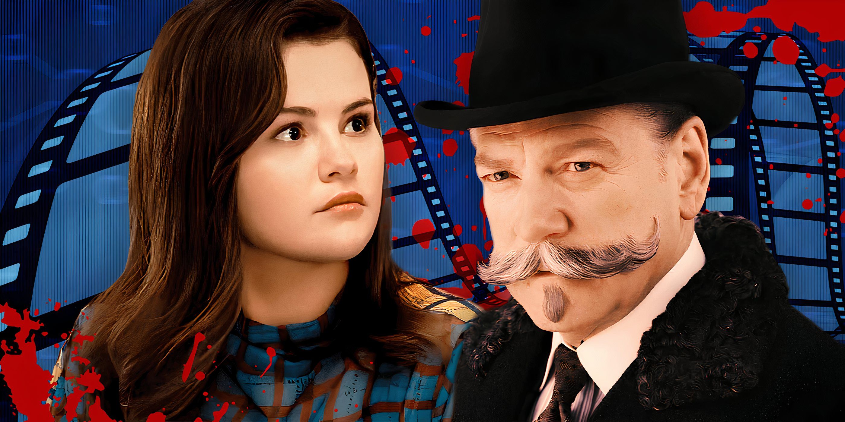 Selena Gomez as Mabel in Only Murders in the Building and Kenneth Branagh as Hercule Poirot in Murder on the Orient Express