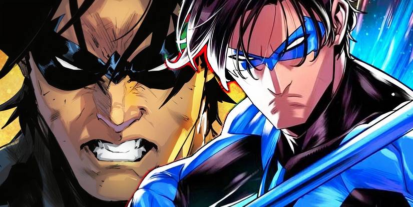 Nightwing ist wütend nach links und Nightwing mit seinem Escrima-Stock nach rechts