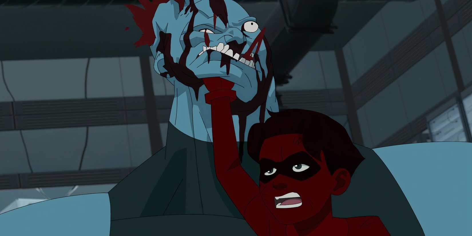 Oliver / Kid Omni-Man punching one of the Mauler Twins in Invincible