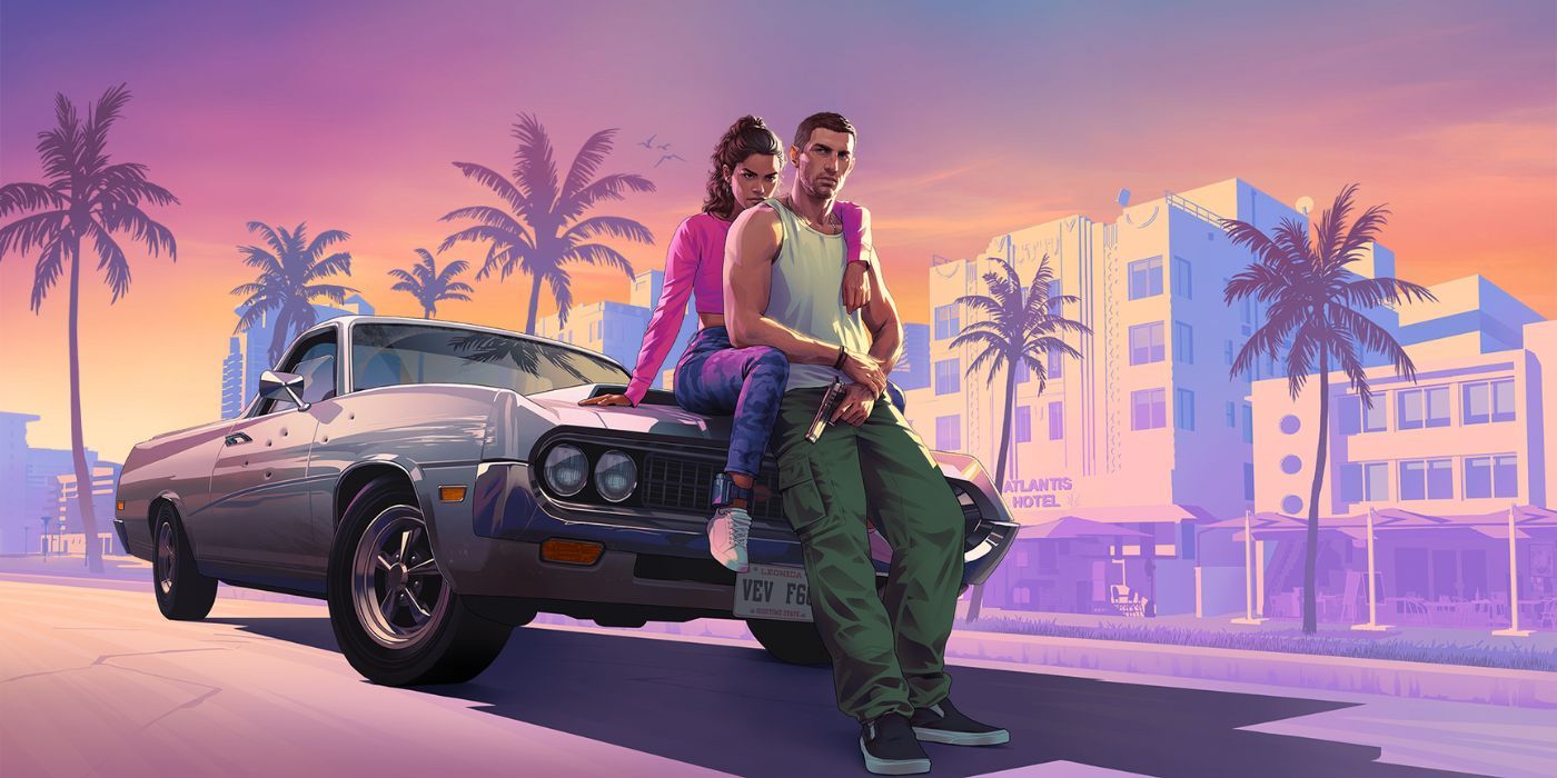 The protagonists of GTA 6 leaning on the hood of a car.