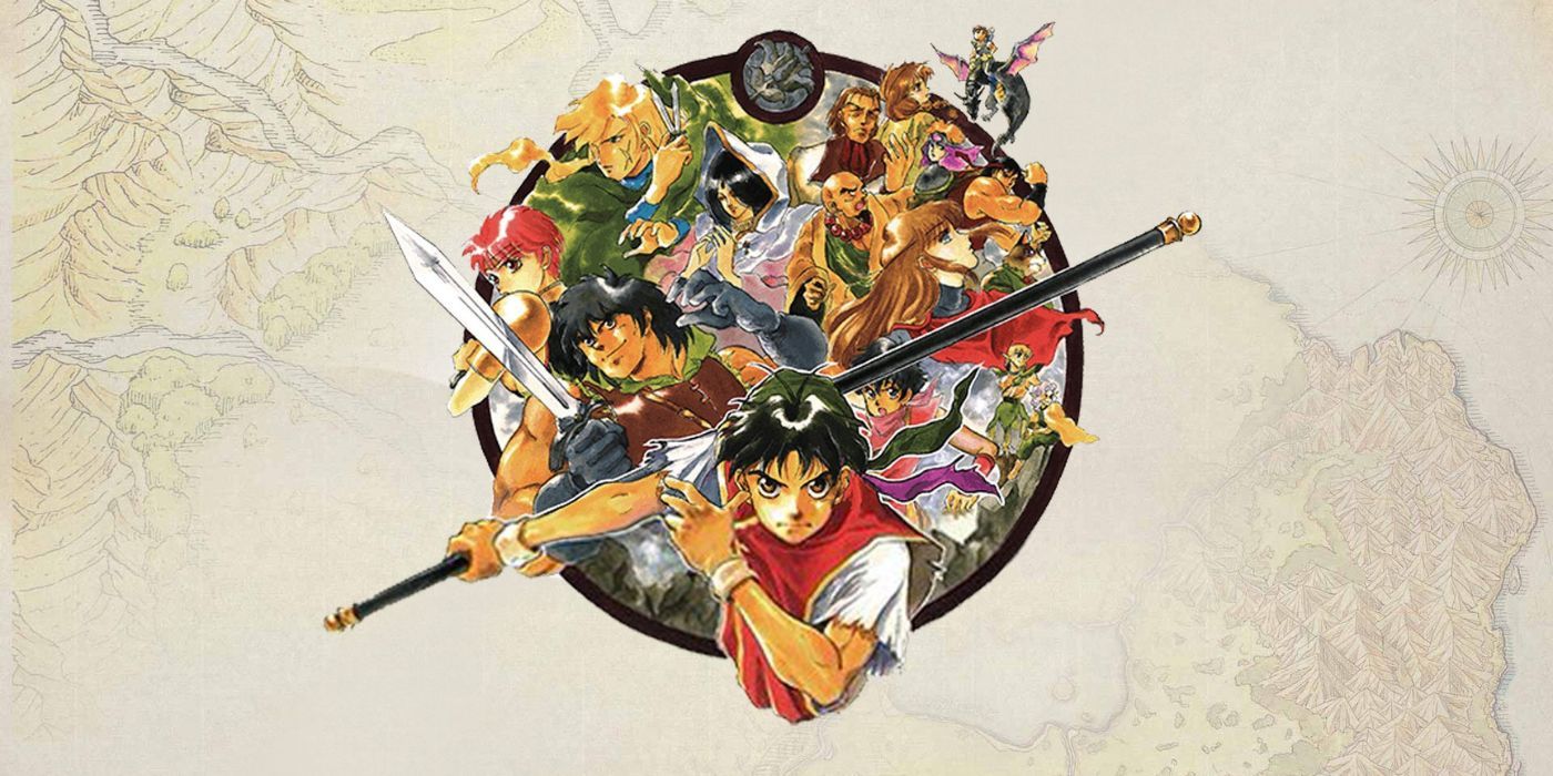 The cast of Suikoden I featuring the hero, Viktor, Gremio, Pahn, and more