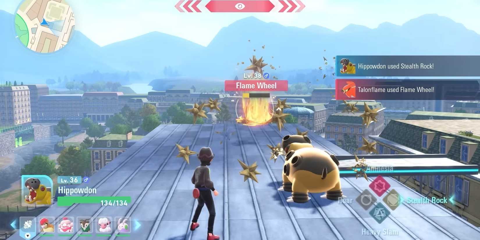 A Hippowdon uses Stealth Rock before a Talonflame unleashes Flame Wheel in Pokemon Legends Z-A.