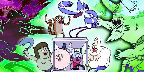 Regular Show's characters riding a golf cart with a green and purple Pops/Anti-Pops battle overlayed on either side
