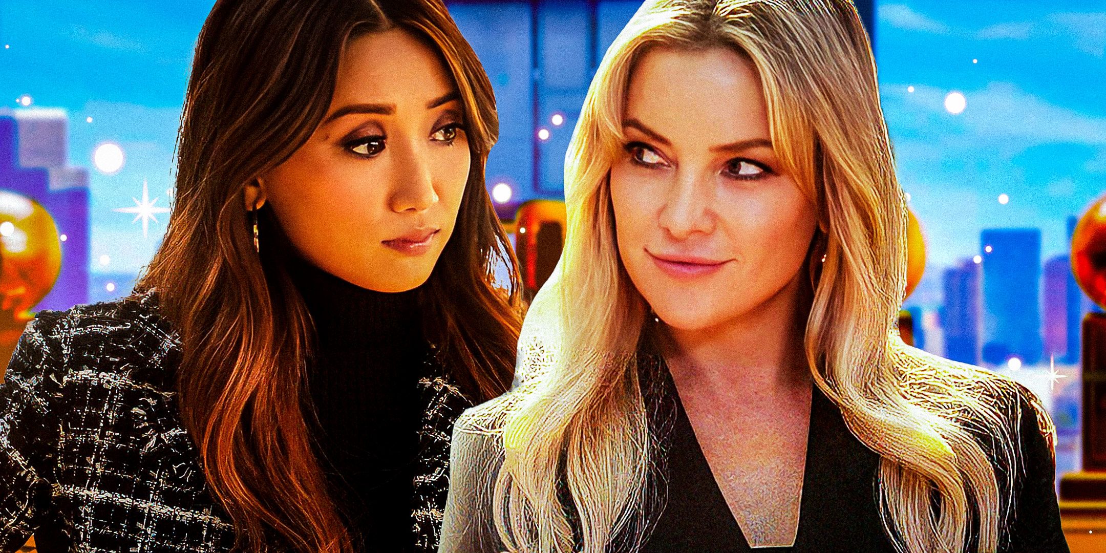 Cutouts of Brenda Song & Kate Hudson in Netflix's Running Point against a brightly saturated city skyline background.