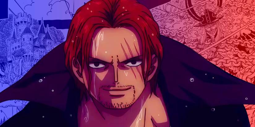 Shanks se tient sous la pluie. Derrière lui, on aperçoit le royaume d'Elbaph et Loki