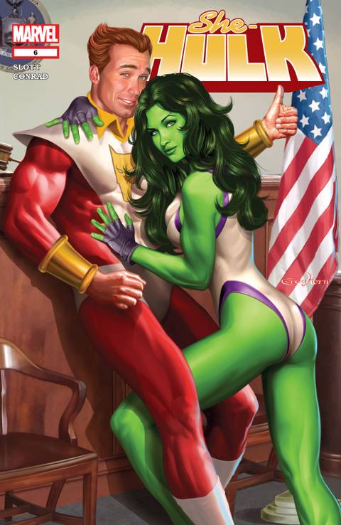 She-Hulk drapes herself over Starfox in a courtroom.