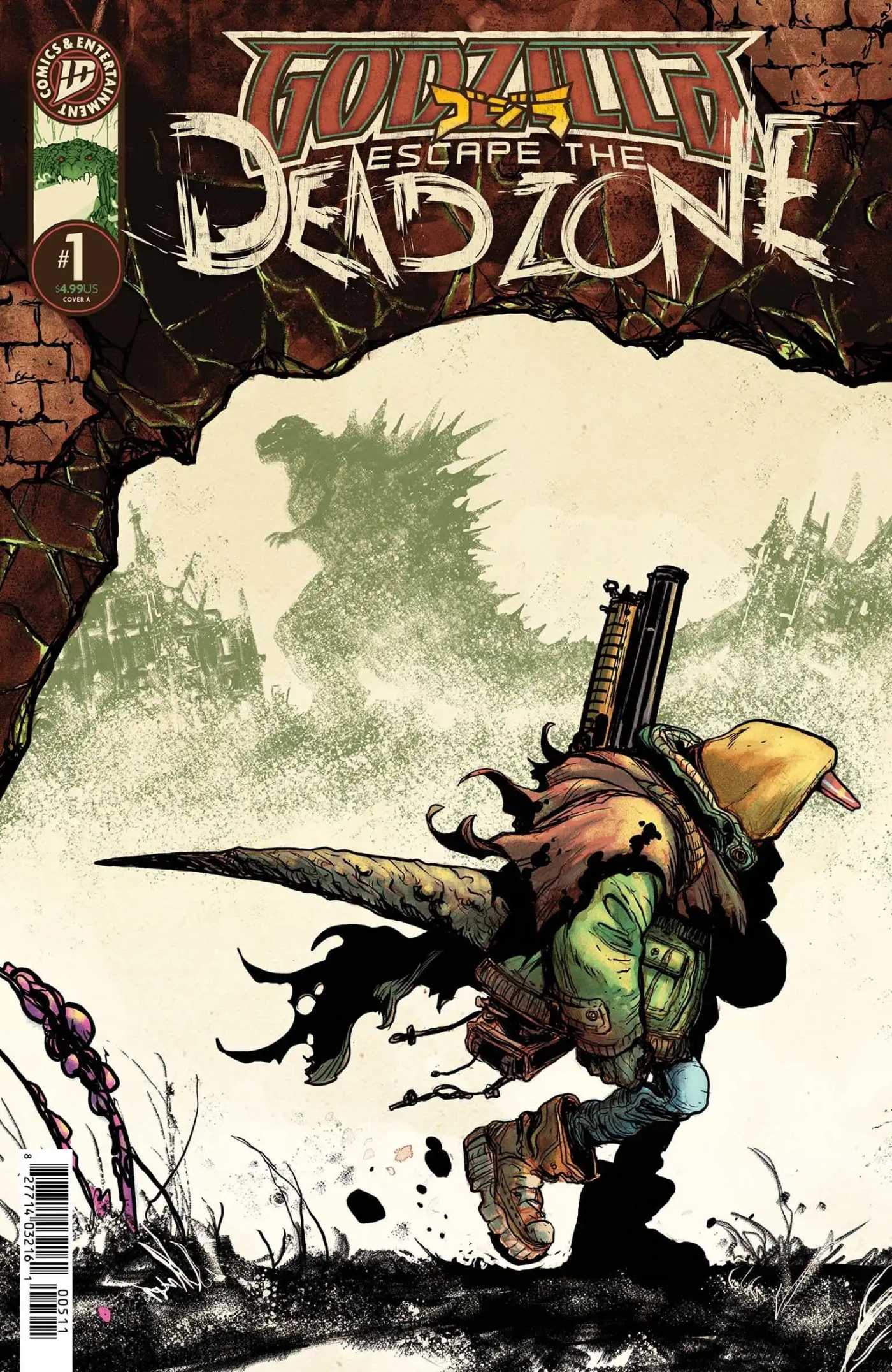 Godzilla: Escape the Deadzone cover featuring a lizard-human mutant running in a post-apocalyptic wasteland with Godzilla in the background.