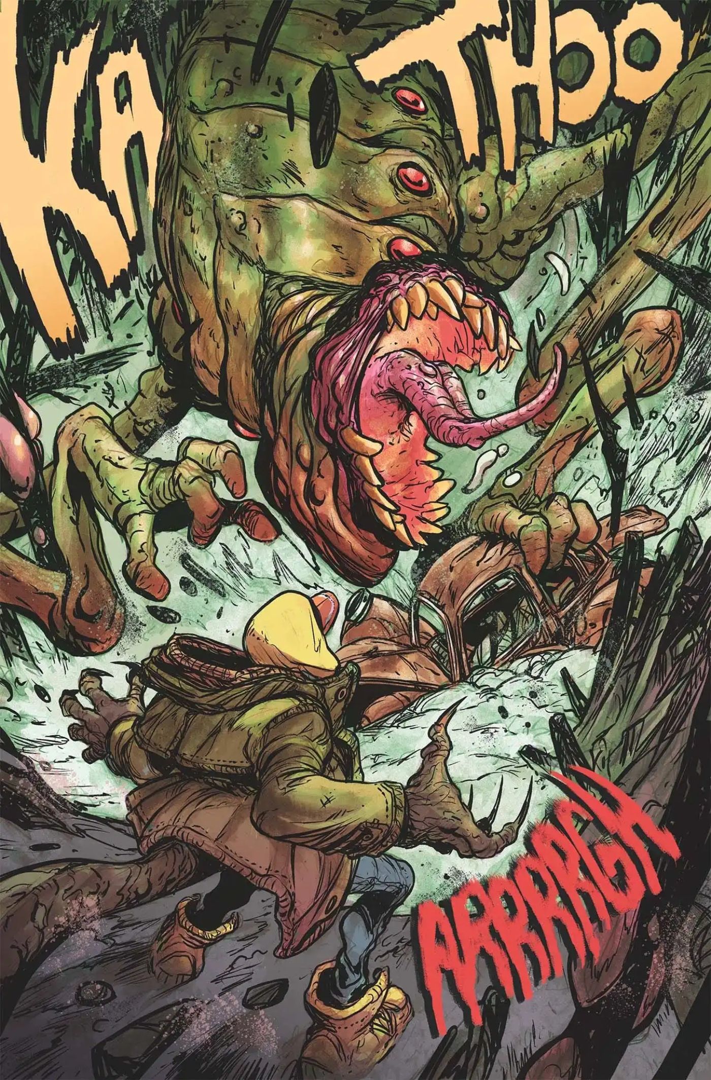 A lizard-mutant fighting a monstrous kaiju in Godzilla: Escape the Deadzone.
