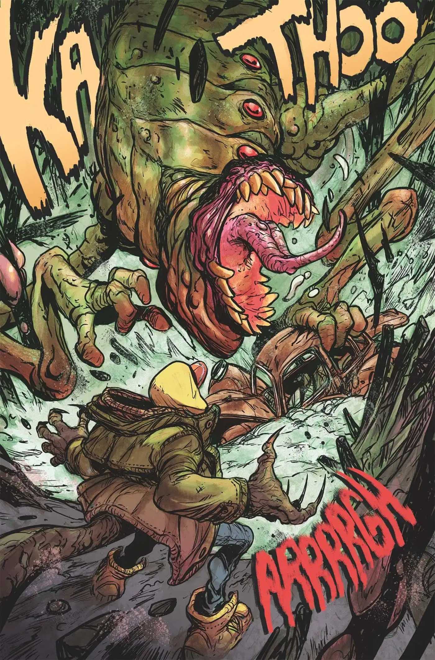 A lizard-mutant fighting a monstrous kaiju in Godzilla: Escape the Deadzone.