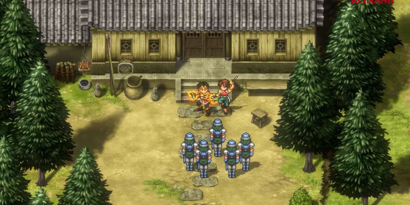Riou and Nanami stand their ground against a group of Highland soldiers