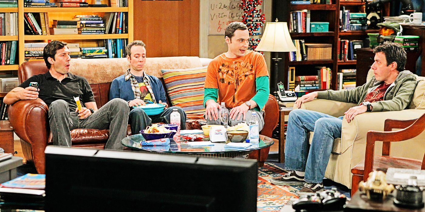 The Big Bang Theory cast sitting in Sheldon's living room