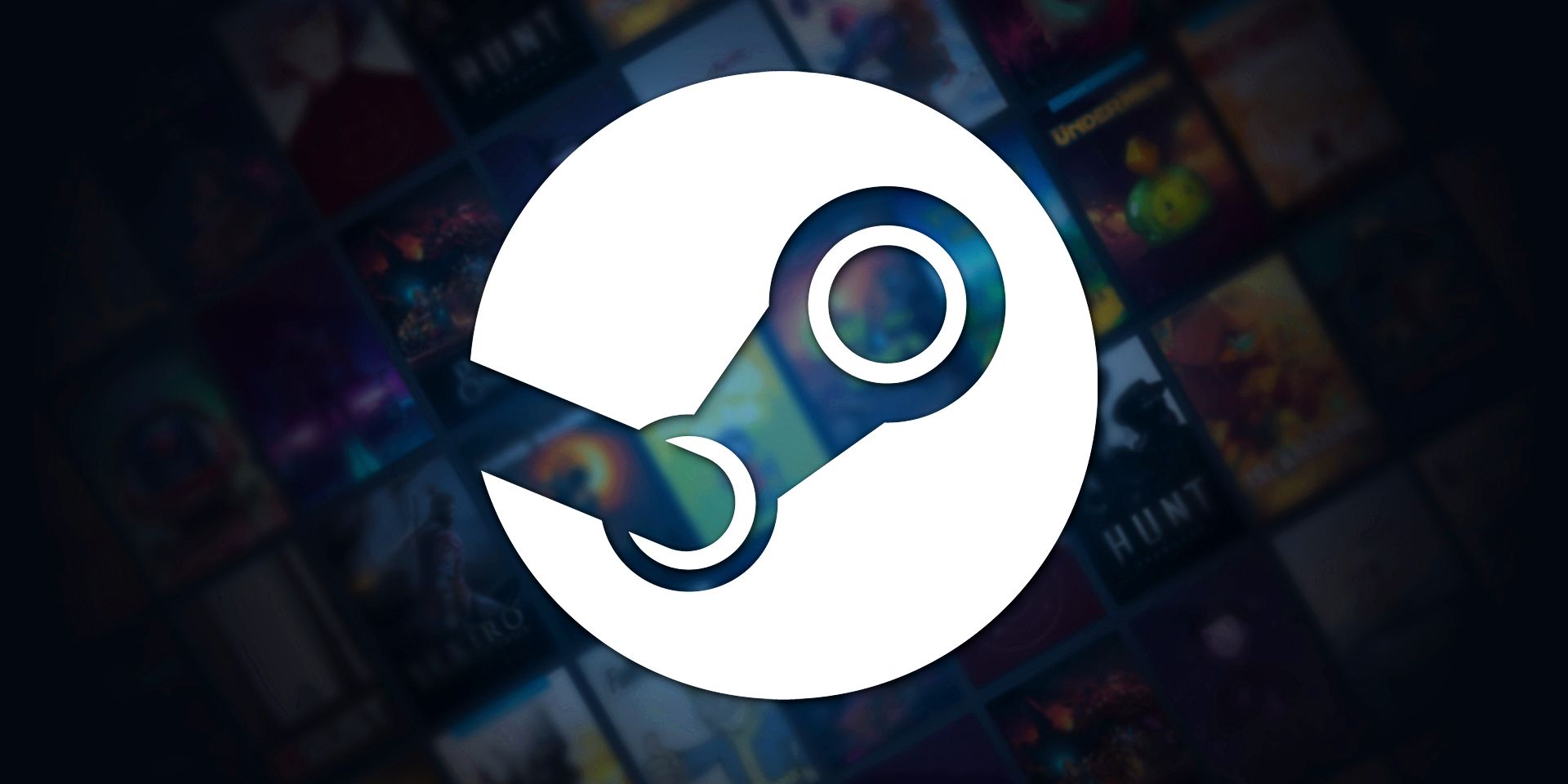 Logo Steam davanti allo screenshot della biblioteca piena di giochi.