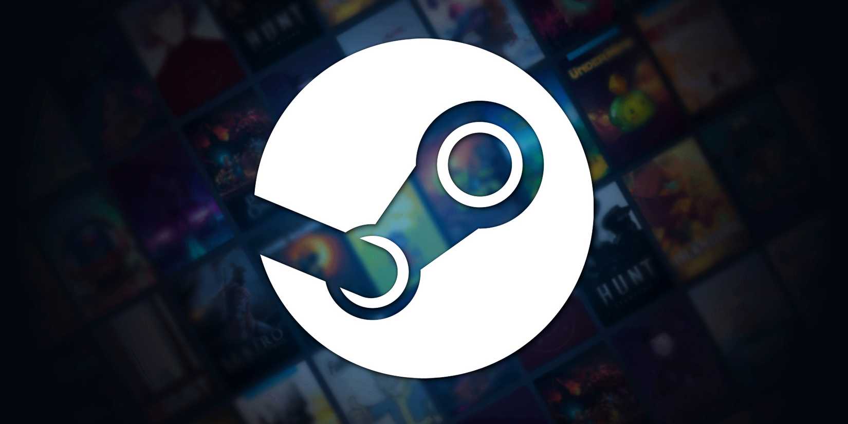 The Steam logo in front of a screenshot of a library full of games.