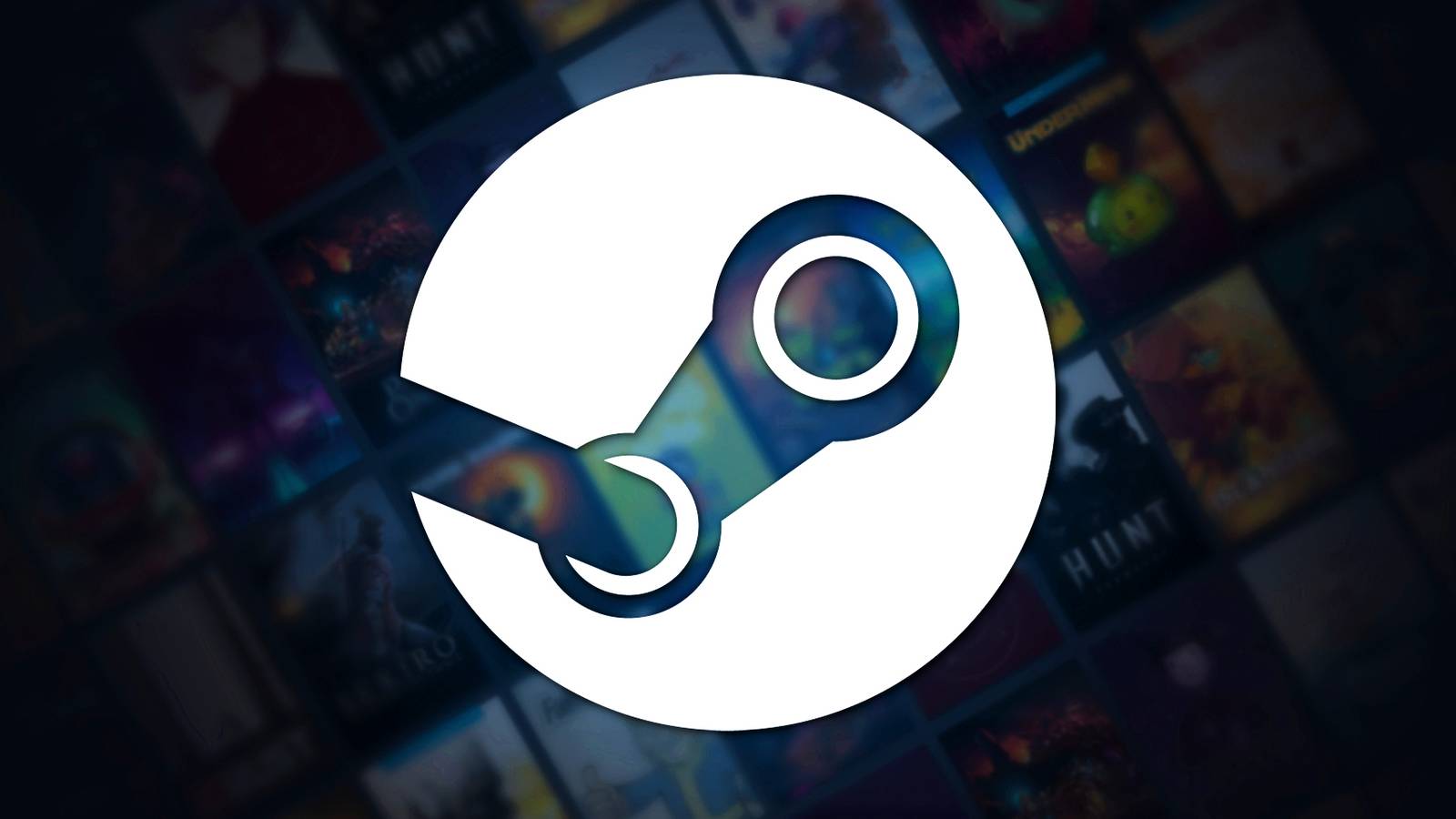 The Steam logo in front of a screenshot of a library full of games.