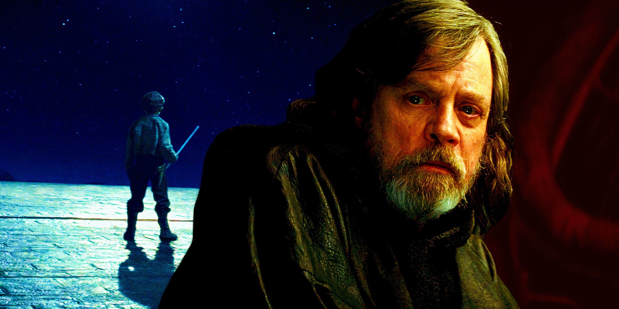 Luke Skywalker looking sad in Star Wars: The Last Jedi, with a blue-tinted image of the Canto Bight broom boy in the background.