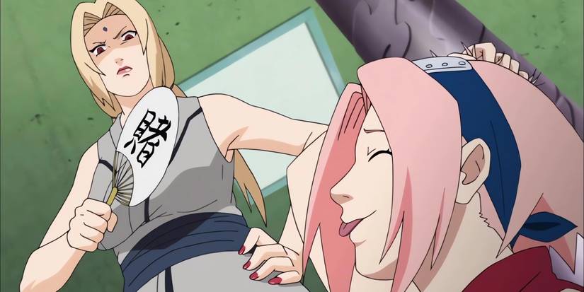 Tsunade training Sakura during the time Naruto was out of Konoha.