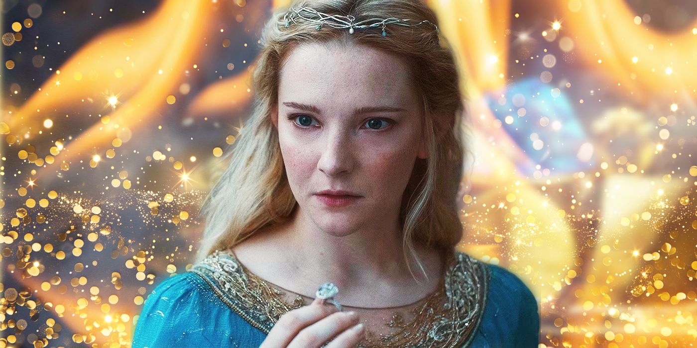 A cutout of Galadriel in The Lord of the Rings: The Rings of Power against a golden sparkly background with a blurry photo of a Rings of Power poster.