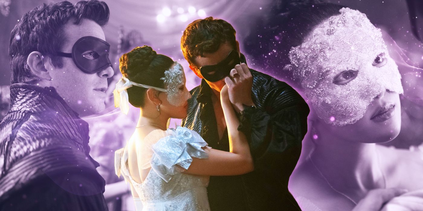 A cutout of Sophie Baek (Yerin Ha) & Benedict Bridgerton (Luke Thompson) in Bridgerton season 4's first look against additional photos of Benedict & Sophie in a purple gradient with purple sparkles.