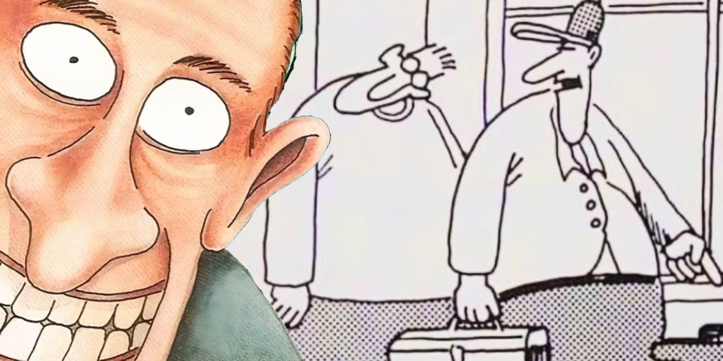 Far Side grinning man (left, foreground) and a man with a bent neck & a TV repairman (background, right)