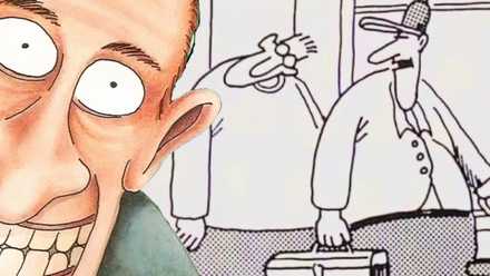 Far Side grinning man (left, foreground) and a man with a bent neck & a TV repairman (background, right)