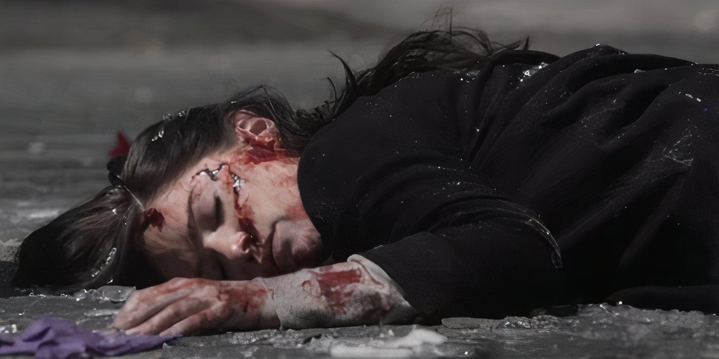 Janet Montgomery as Dr. Lauren Bloom lying on the ground covered in blood after the ambulance crash in New Amsterdam.