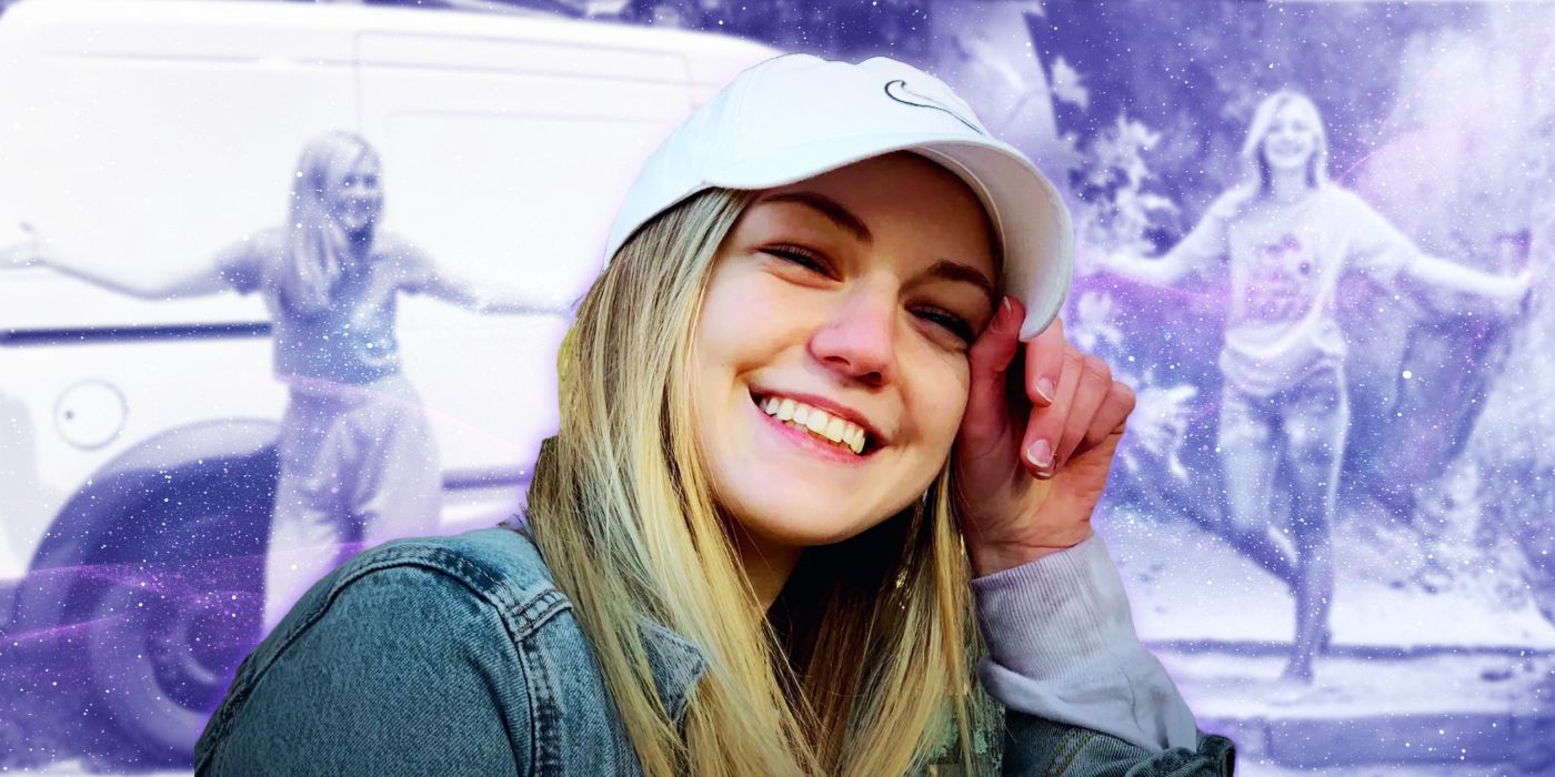 A cutout of Gabby Petito in American Murder: Gabby Petito against a background of additional blurry photographs of Petito in an indigo gradient with sparkles.