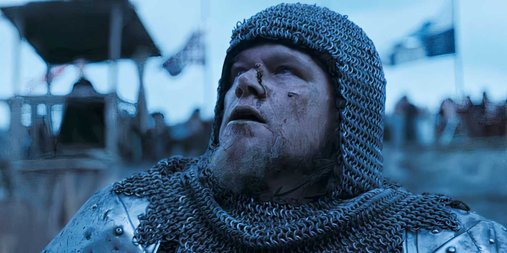 Matt Damon looking up and to the right in The Last Duel