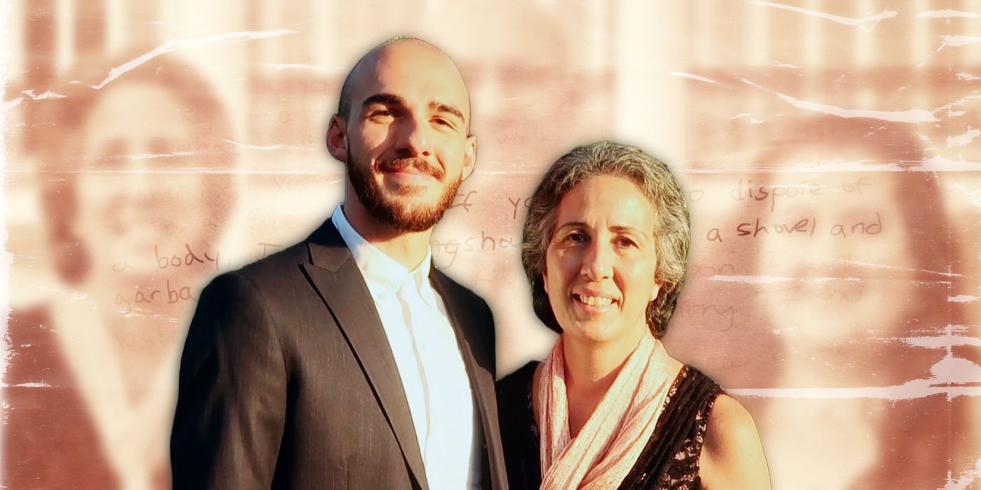 A cutout of Brian Laundrie & Roberta Laundrie against a blurry beige gradient background of The Laundries with a white texture and an overlay of Roberta Laundrie's letter.