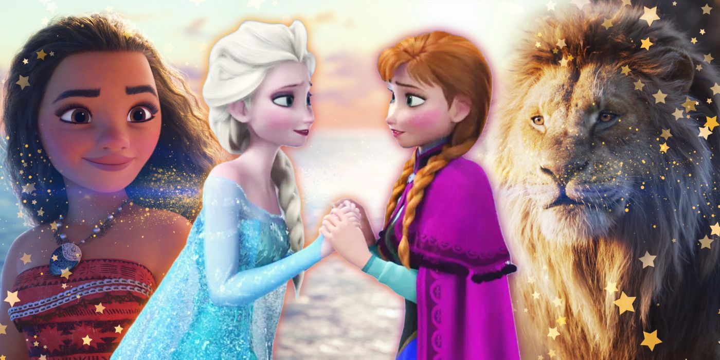 A cutout of Anna & Elsa in Disney's Frozen (2013) against a background of Moana & Simba in The Lion King (2019) with yellow stars and sparkles.