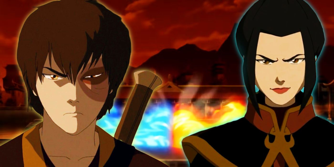 Cutouts of Zuko & Azula in Avatar: The Last Airbender against a screenshot of their Agni Kai.
